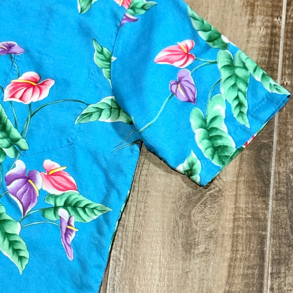 Hilo Hattie Mens VTG 80 Tropical Floral Rayon Hawaiian Aloha Shirt,Blue Pink,L - Picture 4 of 11